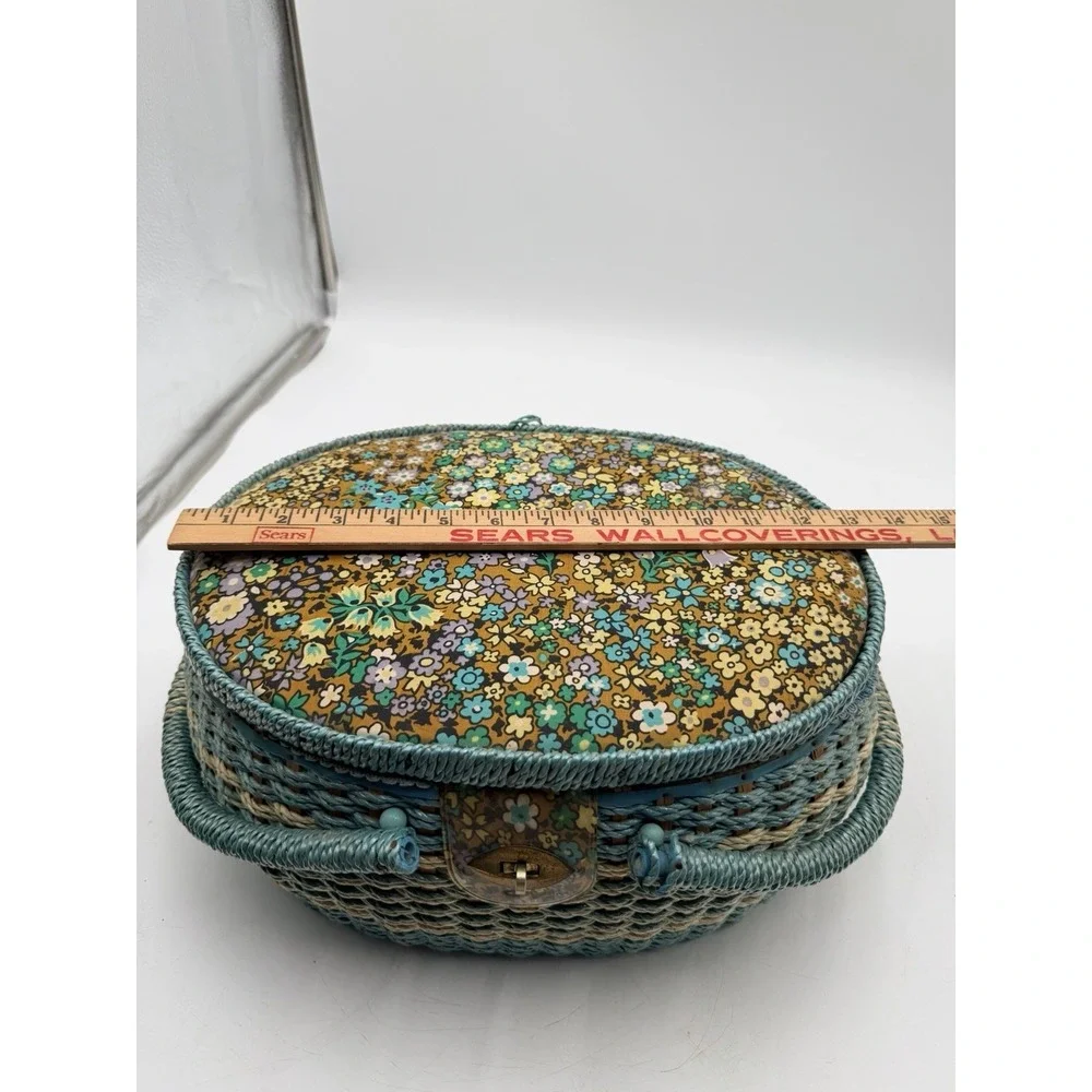 Vintage Wicker Woven Sewing Basket W/Notions Thread & Tray Flower Power Japan